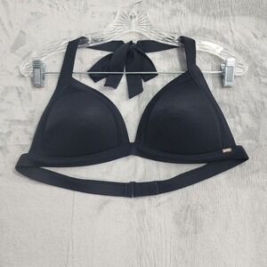 Victoria Secret PINK Swim Bikini Top M Black Padded Triangle Halter Stretch Tie
